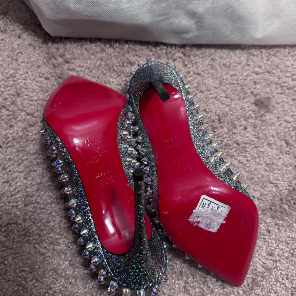 RARE Christian Louboutin Studded Silver & Suede Holographic Heels - Picture 11 of 16